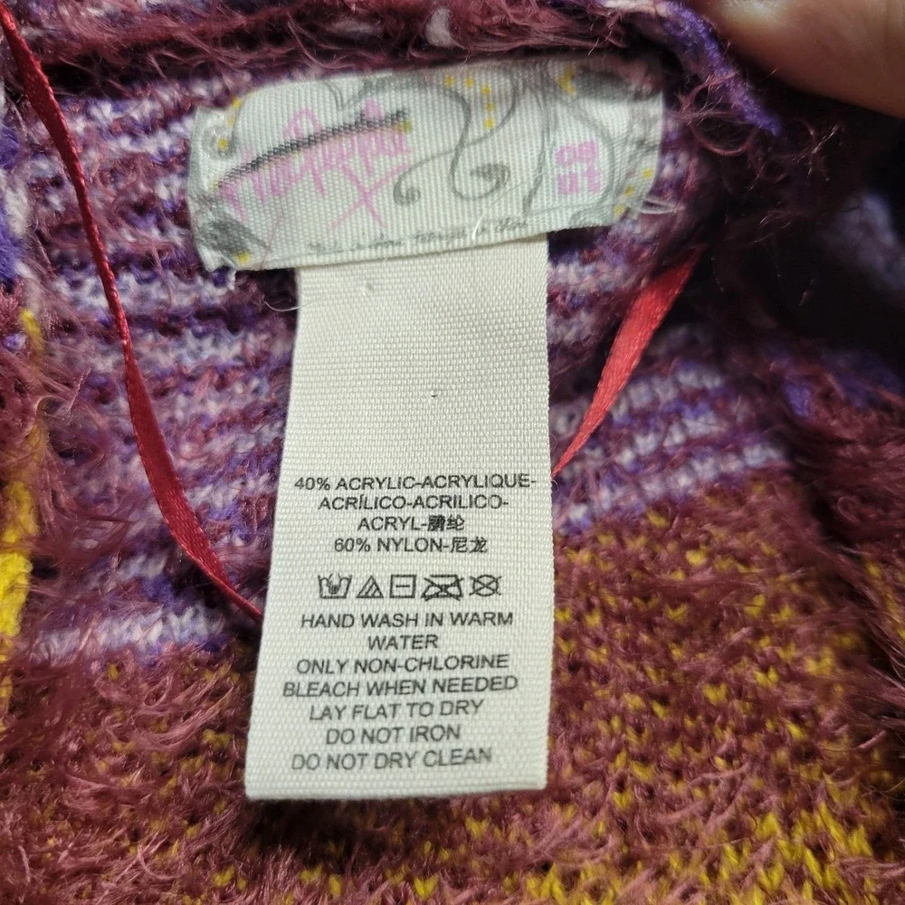 Free People Fuzzy Geometric Southwestern Fringe Poncho Wrap Purple Mustard OS